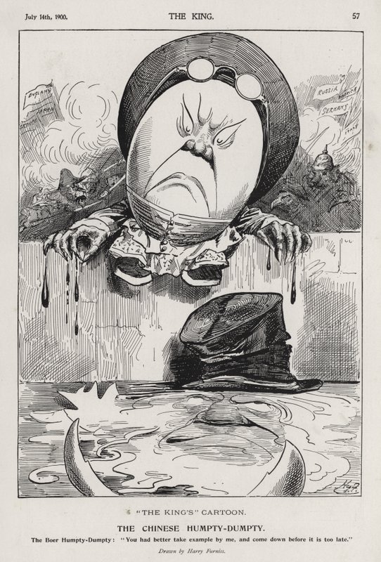 Čínský Humpty Dumpty, karikatura o povstání boxerů a búrské válce (rytina) od Harry Furniss
