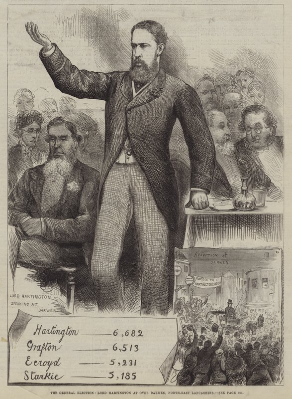 Všeobecné volby, Lord Hartington v Over Darwen, severovýchodní Lancashire od Harry Furniss