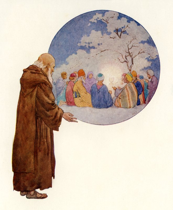 Druid vidí Josefa a jeho společníky na první hostině v Británii (barevná litografie) od Harry George Theaker