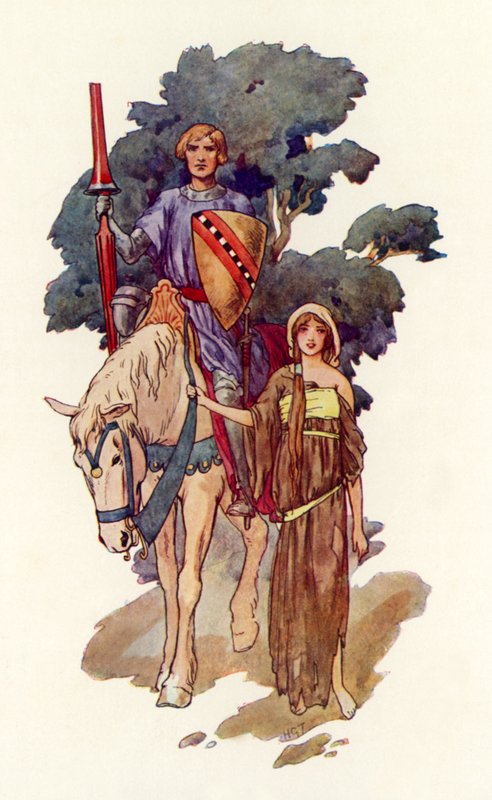 Rytíř s dívkou v hadrech po boku (barevná litografie) od Harry George Theaker