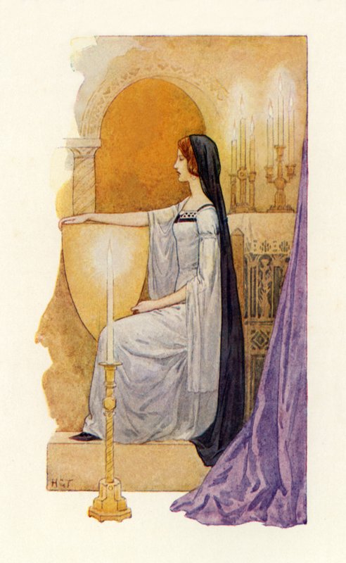 Nejkrásnější dáma, kterou spatřil sir Gawaine (barevná litografie) od Harry George Theaker