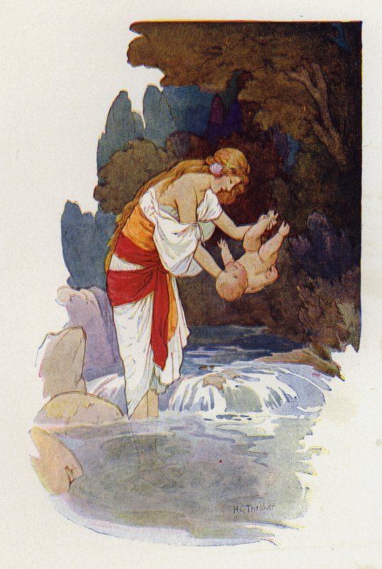 Achilles, jak Thetis máčí dítě, drží ho za jednu patu (barevná litografie) od Harry George Theaker