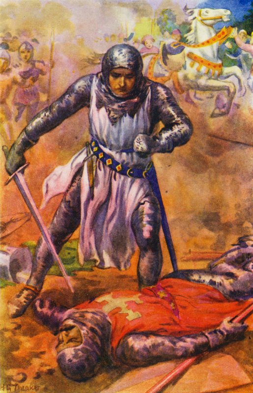 "Po urputném boji byl templář poražen" (barevná litografie) od Harry George Theaker