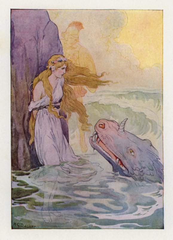 Andromeda a příšera (barevná litografie) od Harry George Theaker
