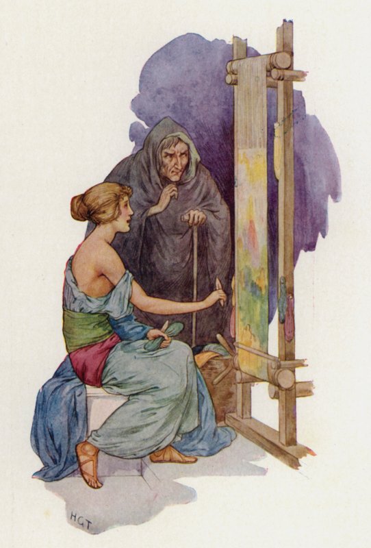 Arachne, kterou převlečená Minerva promění v pavouka (barevná litografie) od Harry George Theaker