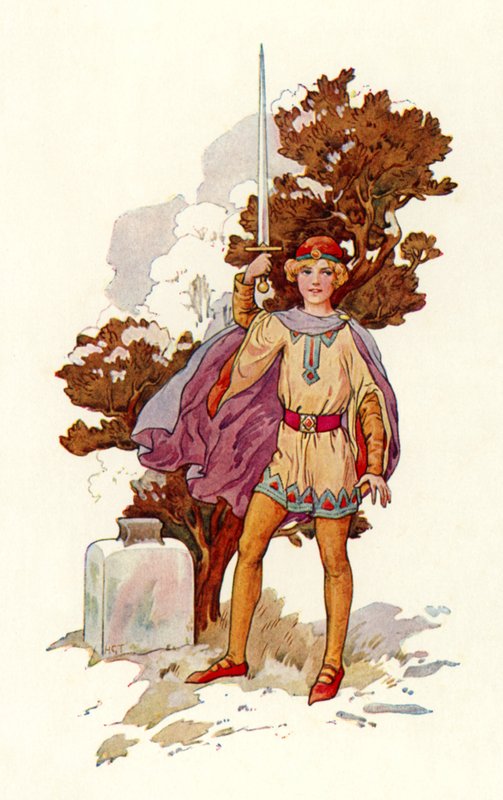 Artuš s Escaliburem (barevná litografie) od Harry George Theaker