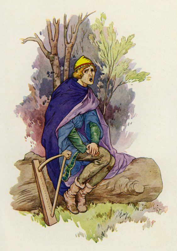 Když seděl, mladík zabrnkal smutnou písničku (barevná litografie). od Harry George Theaker