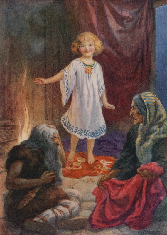 Aslaug, Aki a Grima z filmu "Ragnar Lodbrog" (barevná litografie) od Harry George Theaker