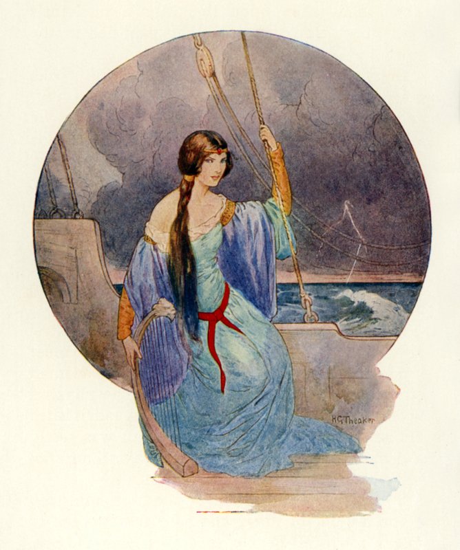 "Nakonec, když zářivý blesk zahalil celou loď do modrých plamenů, píseň náhle utichla." (barevná litografie) od Harry George Theaker