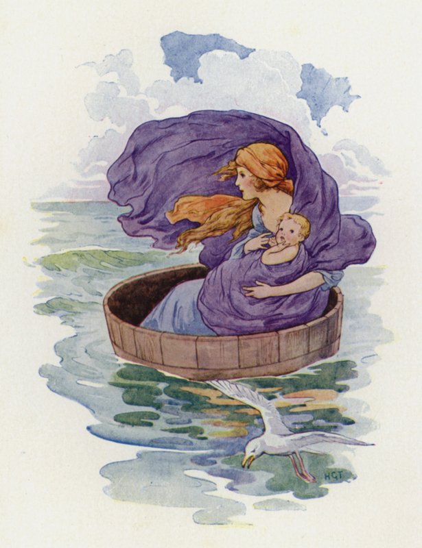 Danae a její malý syn odplouvají (barevná litografie) od Harry George Theaker