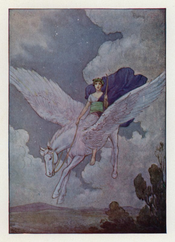 Bellerofón a jeho stříbrokřídlý kůň (barevná litografie) od Harry George Theaker