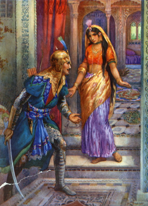 "Když spatřila Rámu, spěchala vpřed" (barevná litografie) od Harry George Theaker