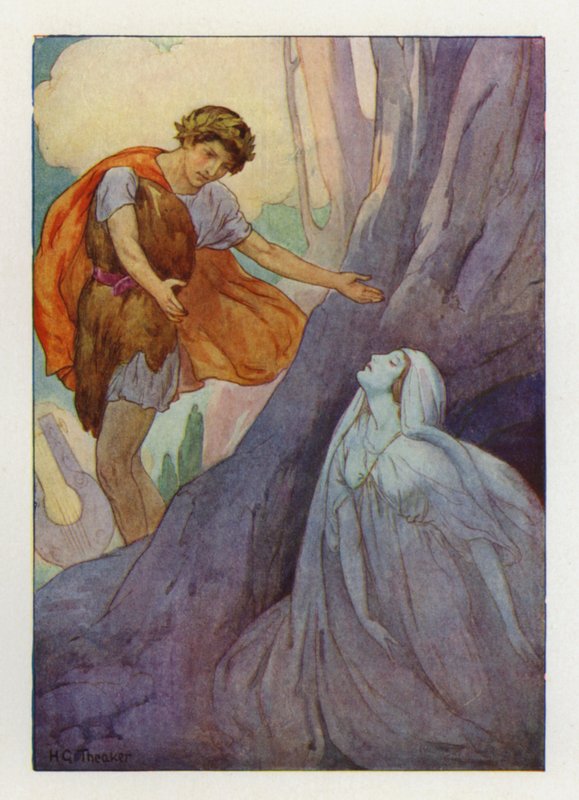 Orfeus radostně vykřikl a snažil se ji chytit do náruče (barevná litografie). od Harry George Theaker
