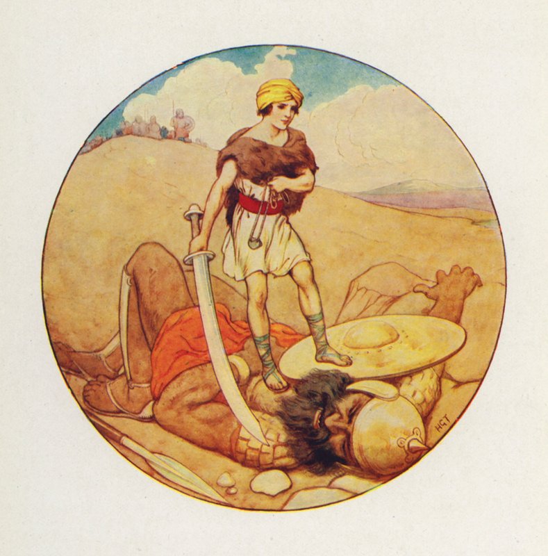 David uchopil obrův vlastní meč a usekl Goliášovi hlavu (barevná litografie). od Harry George Theaker