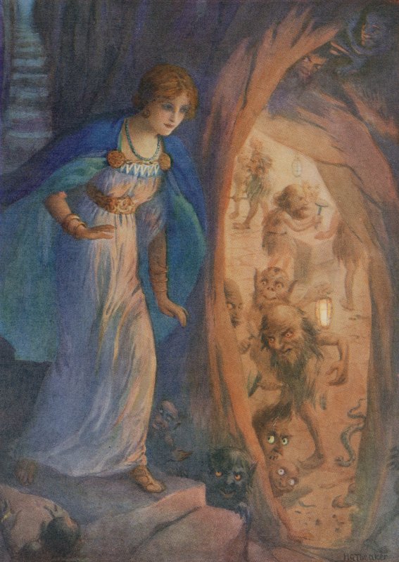 Freyja v jeskyni trpaslíků, z knihy "Freyjin náhrdelník" (barevná litografie) od Harry George Theaker