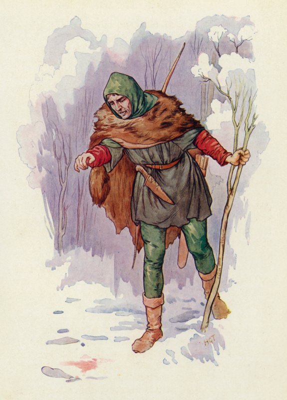 "Ha!" vykřikl strážce Herbert, "někdo tu zabíjel!" (barevná litografie) od Harry George Theaker