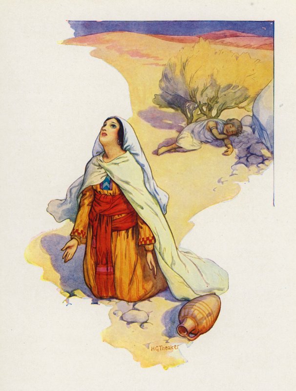 Hagar položila dítě do stínu keře (barevná litografie) od Harry George Theaker