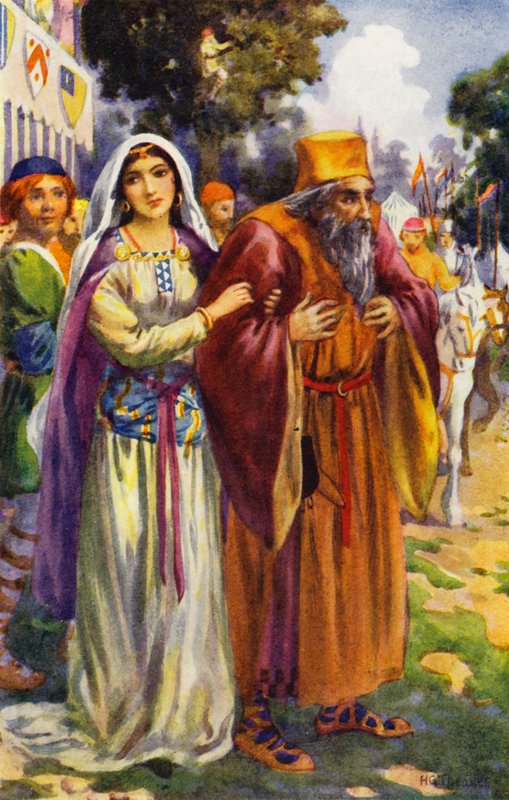 "Spatřil Žida Izáka a jeho krásnou dceru Rebeku" (barevná litografie) od Harry George Theaker