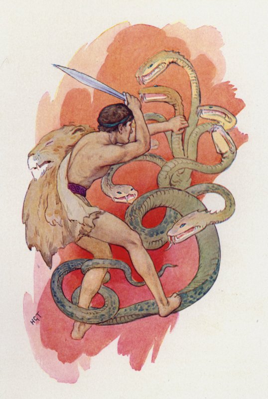 Herkules a sedmihlavý had (barevná litografie) od Harry George Theaker