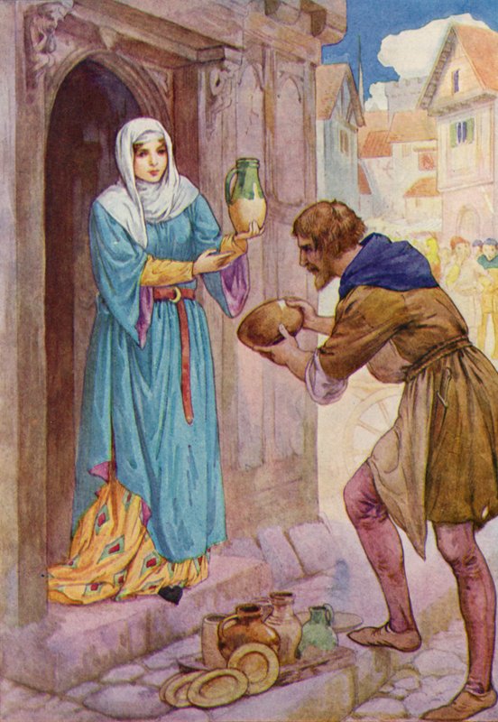 "Přináším tyto ubohé nádoby jako dárek pro paní de Rainault," řekl Robin služce (barevná litografie). od Harry George Theaker
