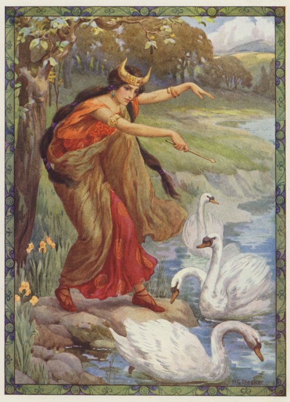 "Co spatřila místo čtyř dětí", Děti Líru (barevná litografie) od Harry George Theaker