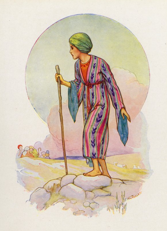 Jákob zhotovil Josefovi pestrobarevný plášť (barevná litografie) od Harry George Theaker