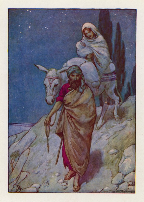 Josef vstal, v noci vzal dítě i jeho matku a odešel do Egypta (barevná litografie). od Harry George Theaker