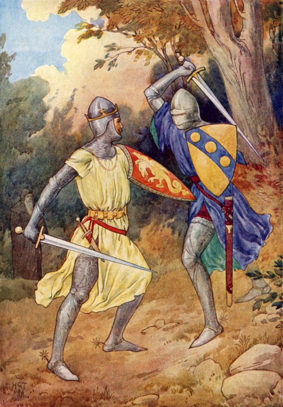 Král Artuš bojuje s cizím rytířem (barevná litografie) od Harry George Theaker