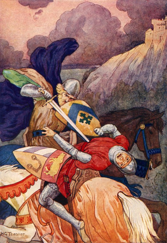 Král Artuš bodá nepřítele do prsou (barevná litografie) od Harry George Theaker