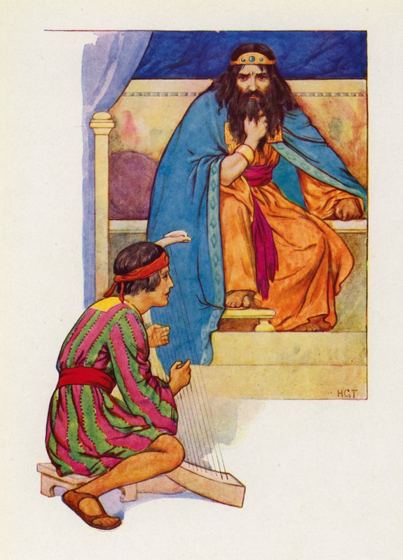 Král Saul říká Davidovi, aby hrál na harfu (barevná litografie). od Harry George Theaker