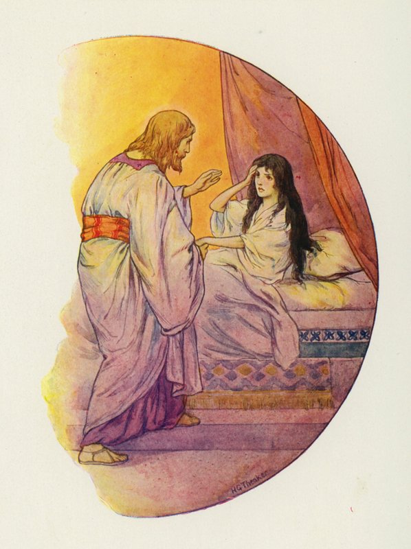 "Děvčátko," řekl, "vstaň!" (barevná litografie) od Harry George Theaker