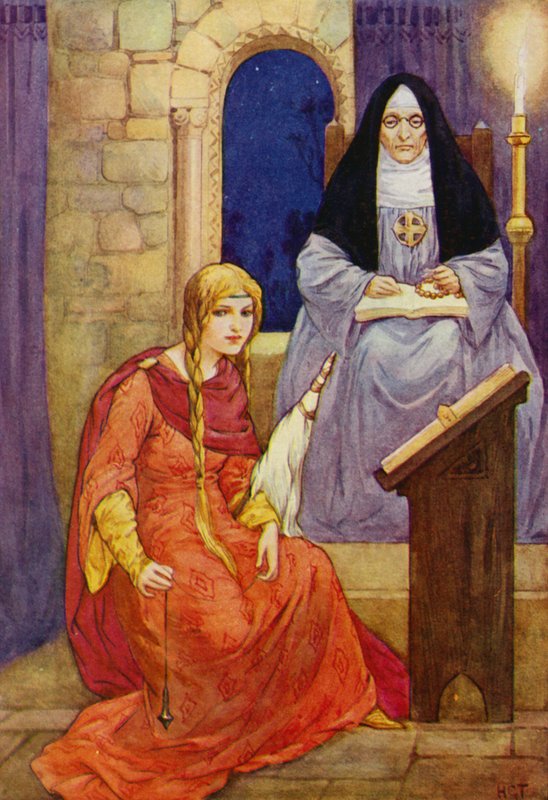 Marion se ukrývala v Kirklees, kde byla i abatyše (barevná litografie) od Harry George Theaker
