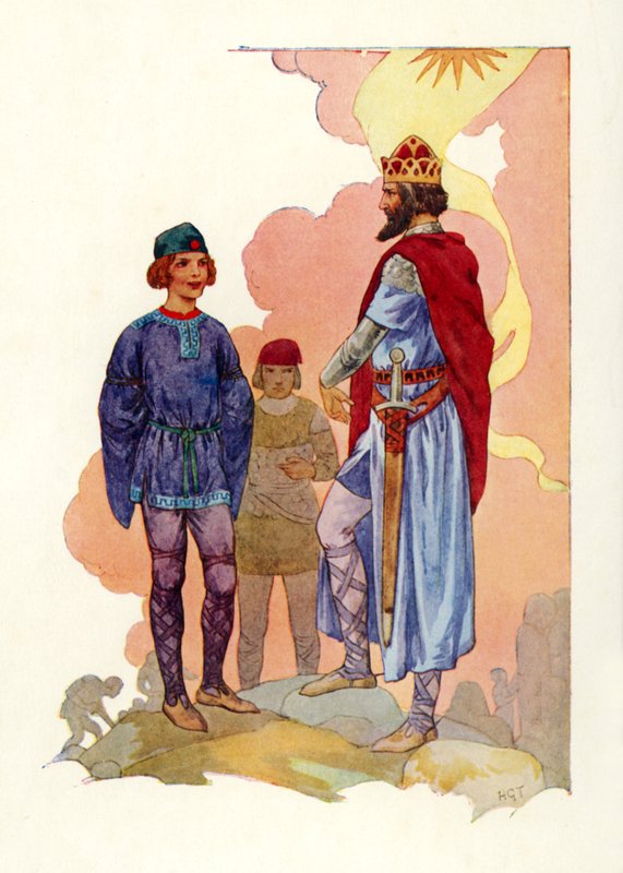 Merlin vedený před krále (barevná litografie) od Harry George Theaker