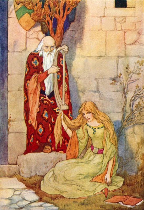 Merlin hrající na harfu s vílou Nimue (barevná litografie) od Harry George Theaker