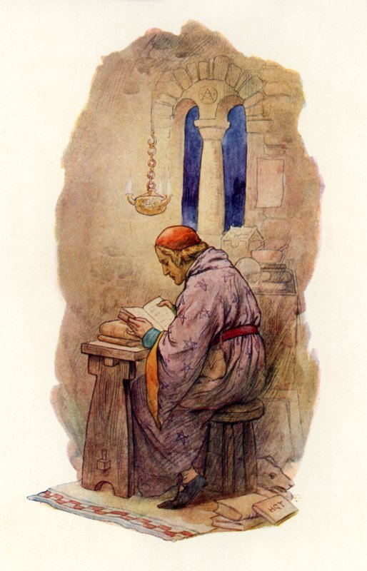 Čtení Merlina (barevná litografie) od Harry George Theaker