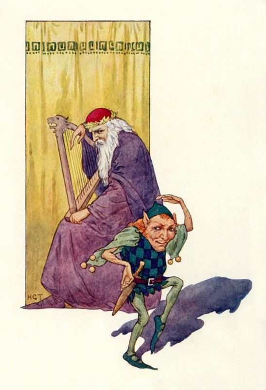 Minstrelové a trpaslíci baví krále (barevná litografie) od Harry George Theaker