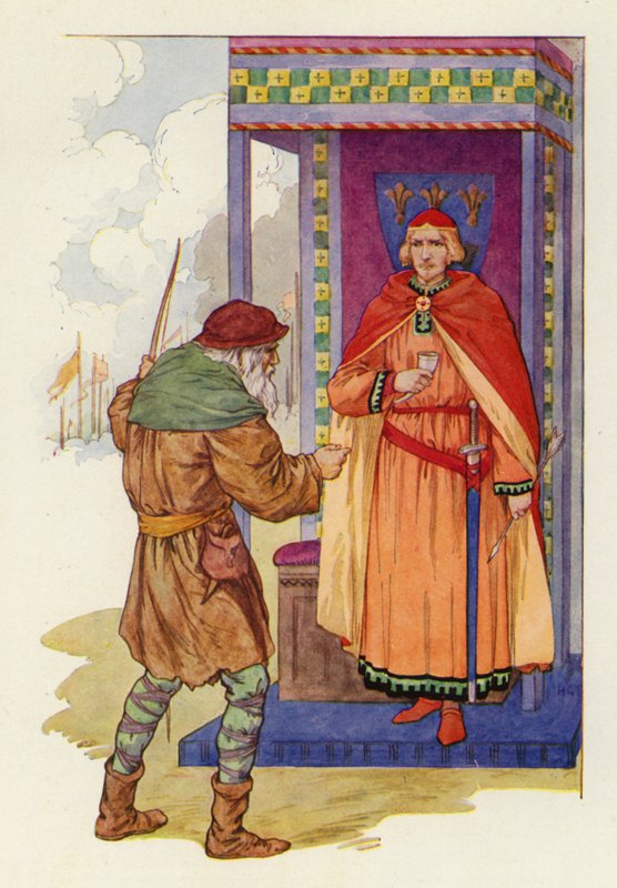 "Starý muži," řekl hrabě Jan, "raději bych si nechal useknout tu vaši pravou ruku, než abyste si vzal tuto cenu." (barevná litografie) od Harry George Theaker