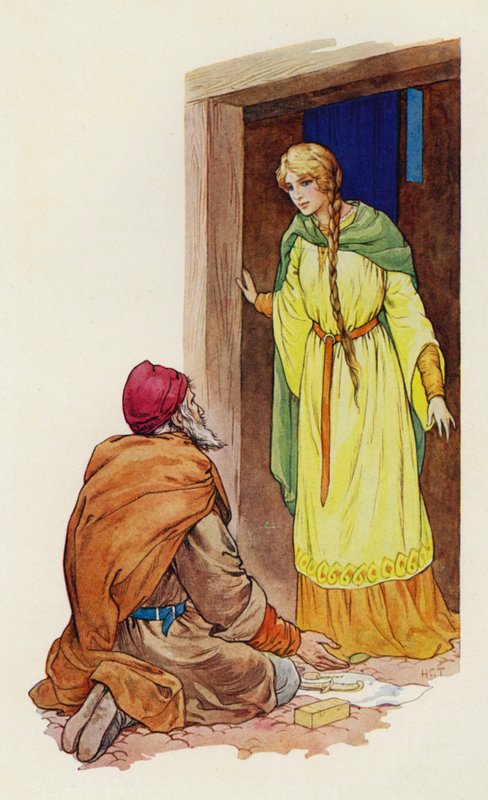 V okamžiku, kdy Marian poznala tvář Rogera Krutého (barevná litografie). od Harry George Theaker