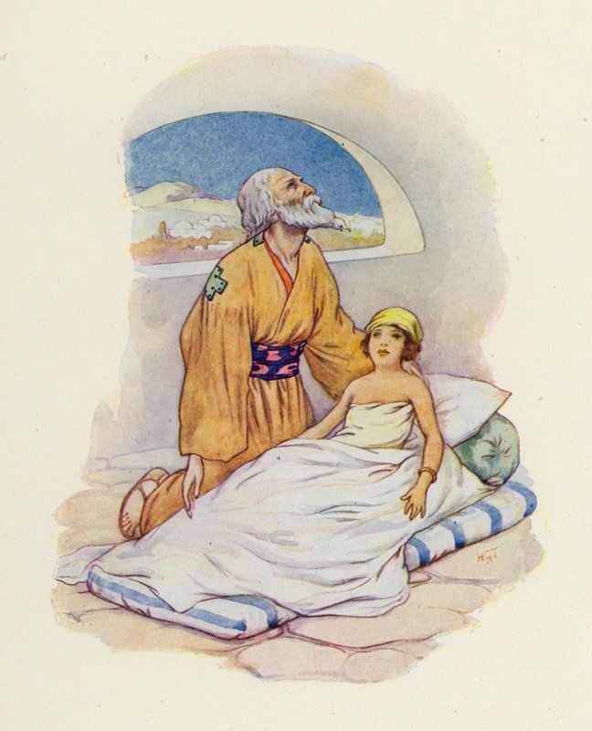 Elíša k sobě znovu přitiskl malé dítě (barevná litografie). od Harry George Theaker
