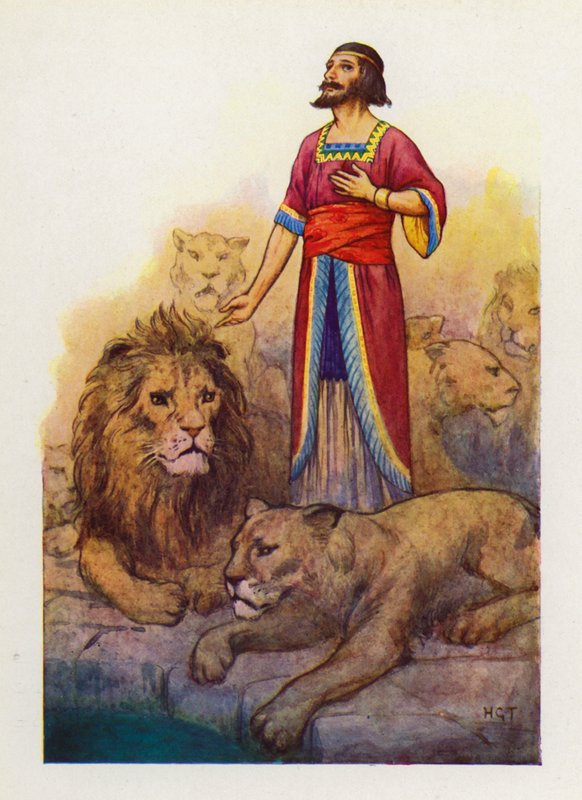 Z hlubin doupěte zazněl Danielův vlastní hlas (barevná litografie). od Harry George Theaker
