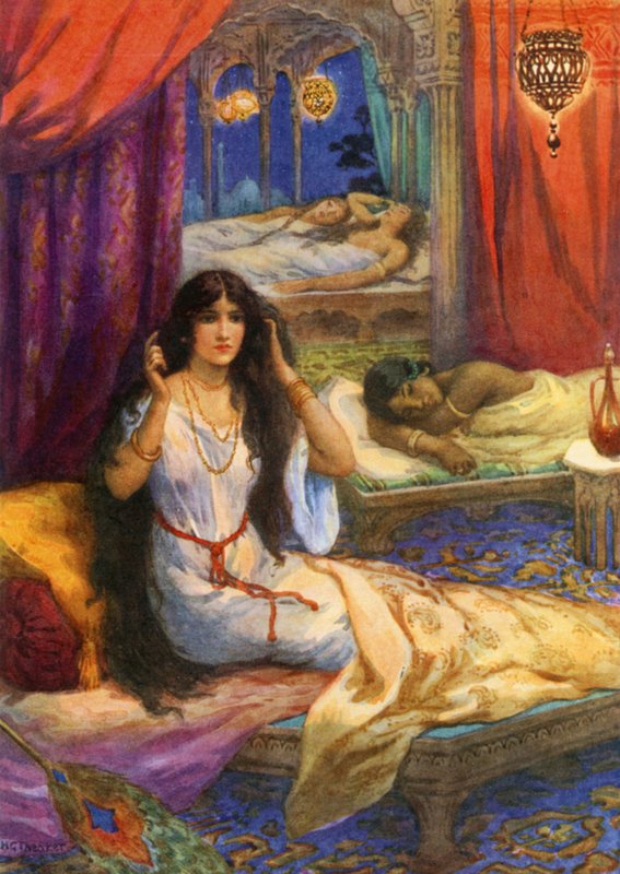 "Pabhavati se probudila s rozběhem" (barevná litografie) od Harry George Theaker