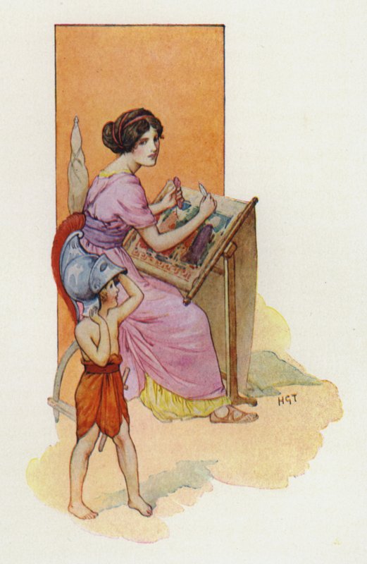Penelopa se synem Telemachem (barevná litografie) od Harry George Theaker