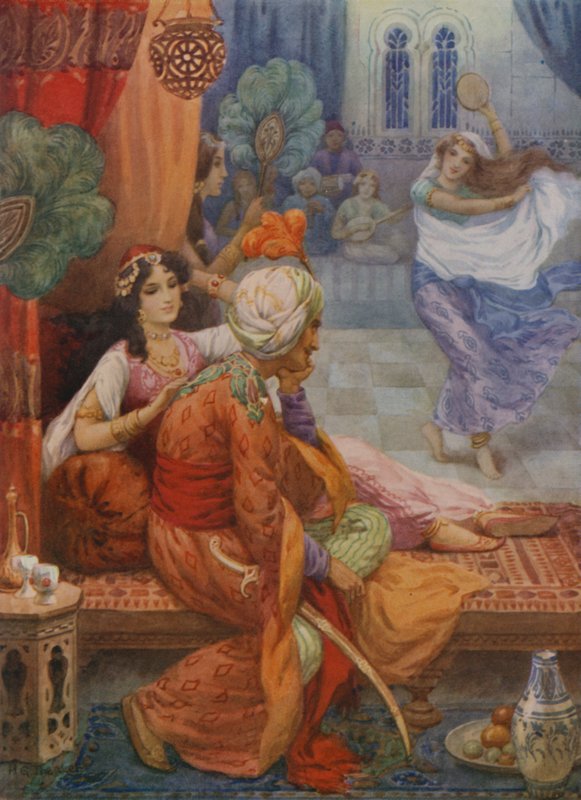 Princ Ahmed a víla Banou (barevná litografie) od Harry George Theaker