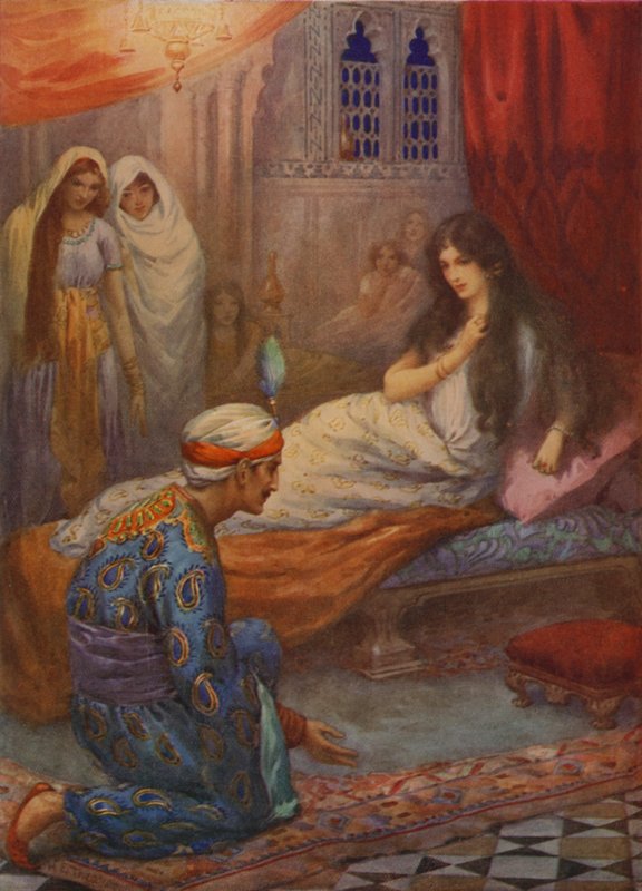 Princ Feroze-Shah probouzí krásnou princeznu (barevná litografie) od Harry George Theaker
