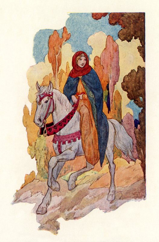 Princezna Guinevera na koni (barevná litografie) od Harry George Theaker