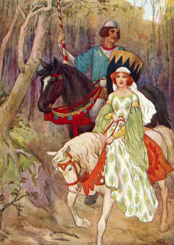 Princezna Olwen v doprovodu prasečího prince (barevná litografie) od Harry George Theaker