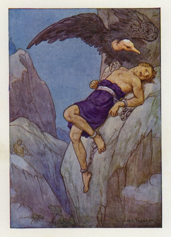 Prométheus připoutaný ke skále (barevná litografie) od Harry George Theaker
