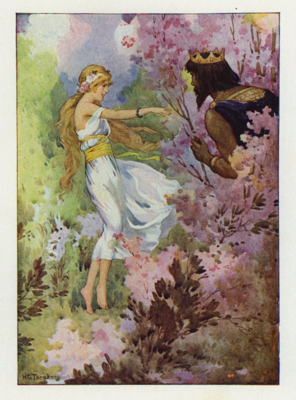 Proserpina tančí mezi liliemi, sledována velkým králem (barevná litografie) od Harry George Theaker