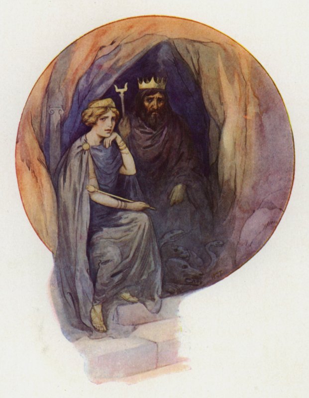 Proserpina sedí v dlouhém černém rouchu na velkém černém trůnu a vedle ní stojí zuřivý černý král (barevná litografie). od Harry George Theaker