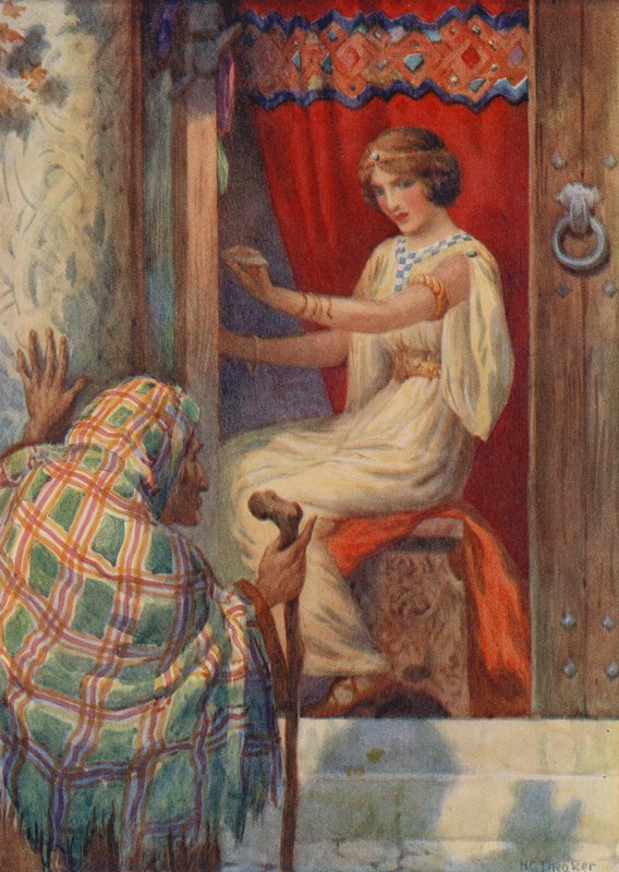 Královna Frigga a Beldame, z knihy "Baldur milovaný" (barevná litografie) od Harry George Theaker
